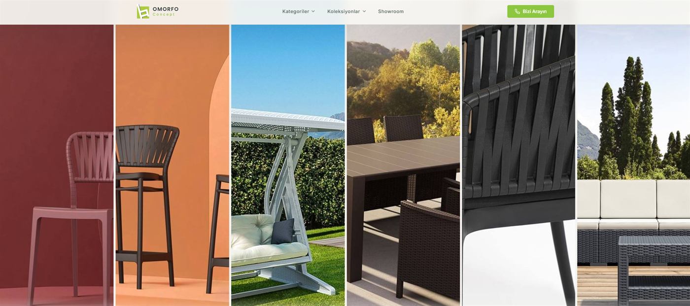 Omorfo Concept web sitesi: mobilya koleksiyonunun kategorilere ayrılmış ürün görselleriyle listelendiği vitrin ekranı.