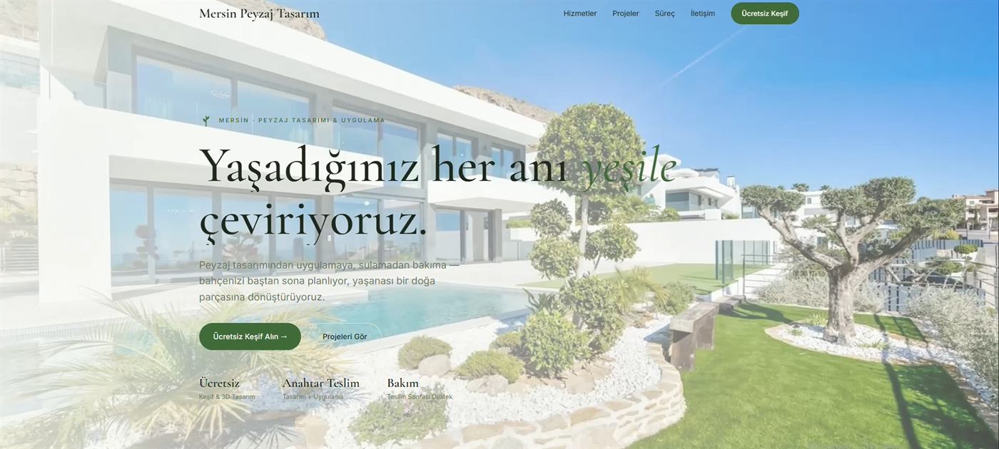 Peyzaj firması konsept tasarımı: tamamlanan projelerin büyük fotoğraflarla sıralandığı galeri ekranı, botanik yeşil tonlarında.