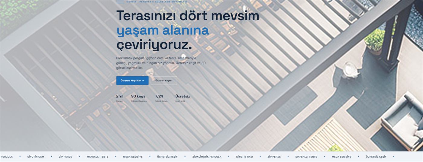 Tente ve pergola firması konsept tasarımı: ürün tiplerinin fotoğraflarıyla listelendiği koyu zeminli ekran.
